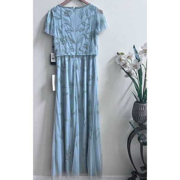 NWT Adrianna Papell Aqua Dust Short Sleeve Blouson Beaded Mixi Gown Women's 0 - Picture 3 of 12